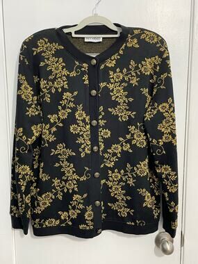 Vintage Eccobay Cardigan Sweater XL Black Gold Floral Preppy Regency Holidays
